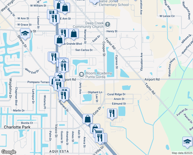 map of restaurants, bars, coffee shops, grocery stores, and more near 24420 Airport Road in Punta Gorda