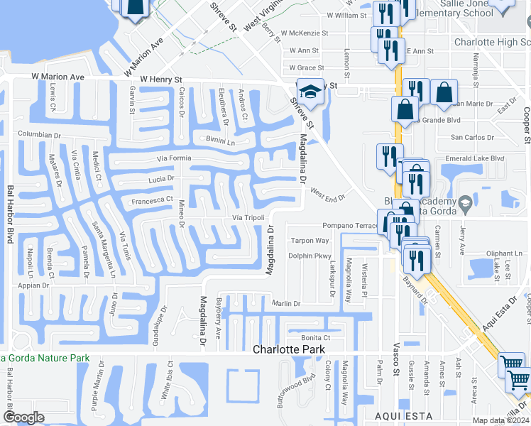 map of restaurants, bars, coffee shops, grocery stores, and more near 516 Vía Tripoli in Punta Gorda