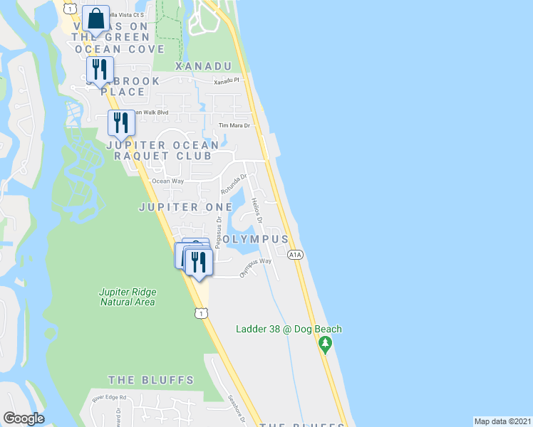 map of restaurants, bars, coffee shops, grocery stores, and more near 1833 Ocean Boulevard in Jupiter