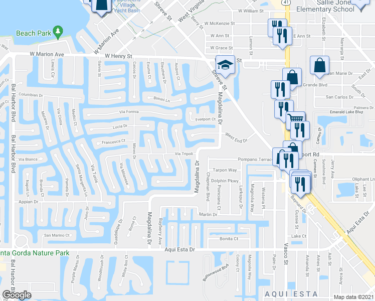 map of restaurants, bars, coffee shops, grocery stores, and more near 516 Vía Tripoli in Punta Gorda