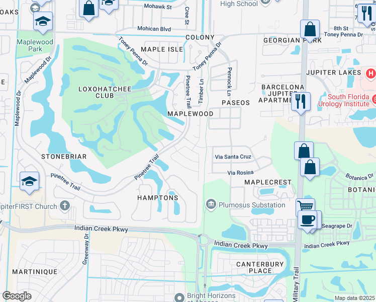 map of restaurants, bars, coffee shops, grocery stores, and more near 107 Bayberry Circle in Jupiter