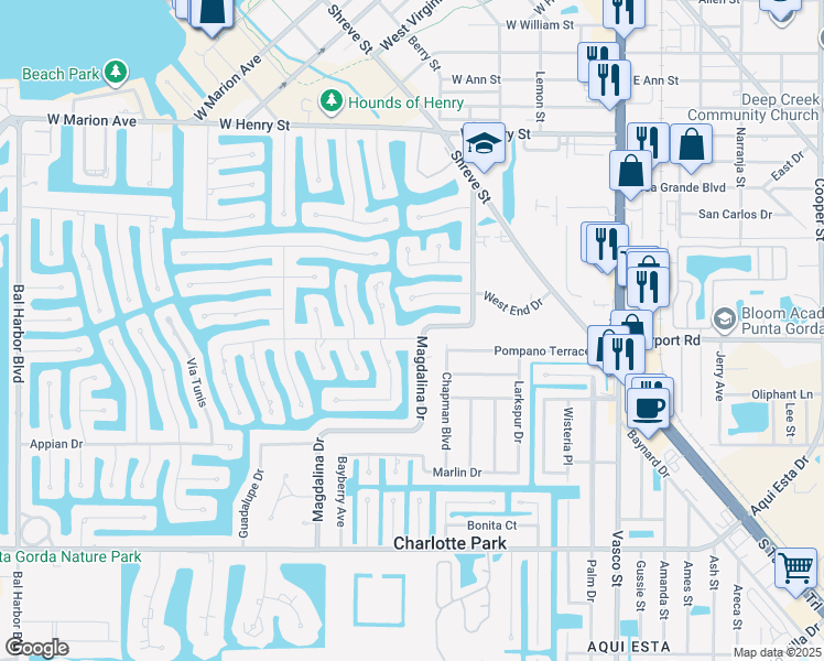 map of restaurants, bars, coffee shops, grocery stores, and more near 516 Vía Tripoli in Punta Gorda