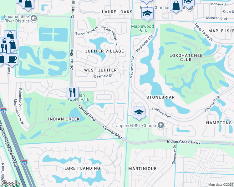 map of restaurants, bars, coffee shops, grocery stores, and more near 111 Doe Trail in Jupiter
