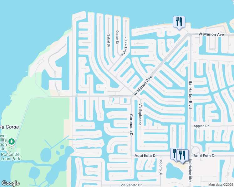 map of restaurants, bars, coffee shops, grocery stores, and more near 197 Tarpon Cove Drive in Punta Gorda
