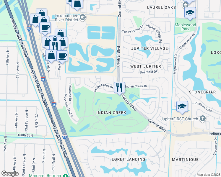 map of restaurants, bars, coffee shops, grocery stores, and more near 1102 Indian Creek Drive West in Jupiter