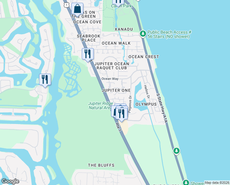 map of restaurants, bars, coffee shops, grocery stores, and more near 1420 Ocean Way in Jupiter