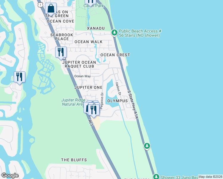 map of restaurants, bars, coffee shops, grocery stores, and more near 157 Apollo Circle in Jupiter