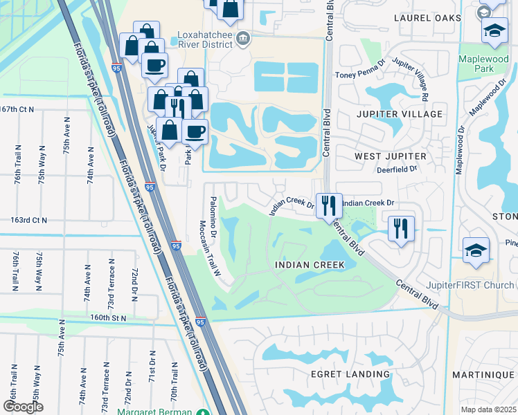 map of restaurants, bars, coffee shops, grocery stores, and more near 118 Moccasin Trail North in Jupiter