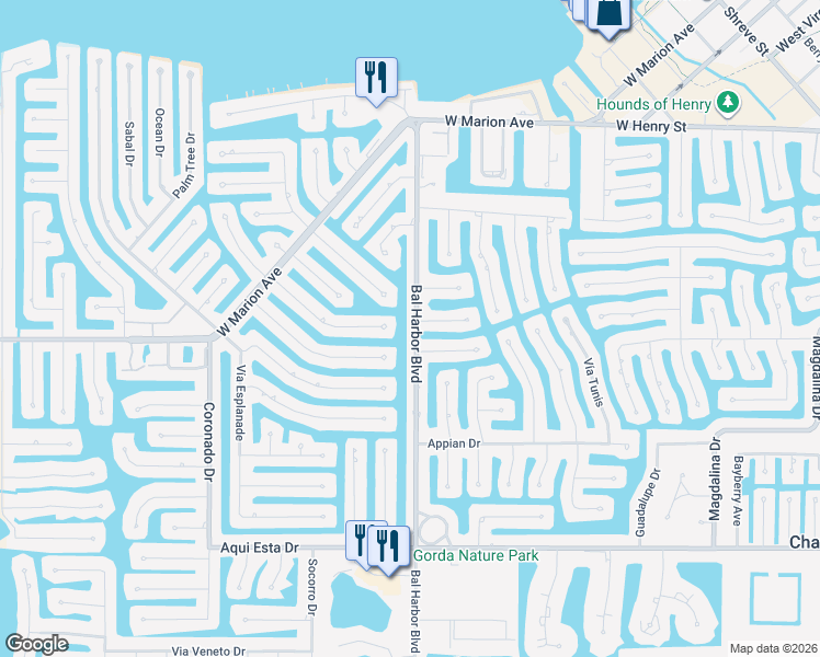 map of restaurants, bars, coffee shops, grocery stores, and more near 627 Bal Harbor Boulevard in Punta Gorda