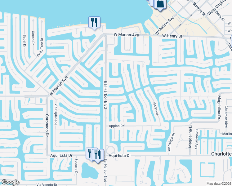 map of restaurants, bars, coffee shops, grocery stores, and more near 1625 Vía Dolce Vita in Punta Gorda