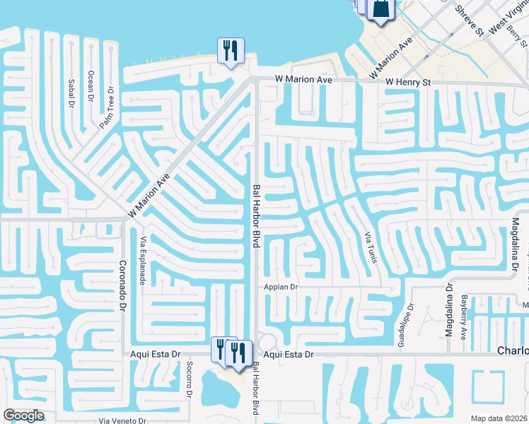 map of restaurants, bars, coffee shops, grocery stores, and more near 627 Bal Harbor Boulevard in Punta Gorda