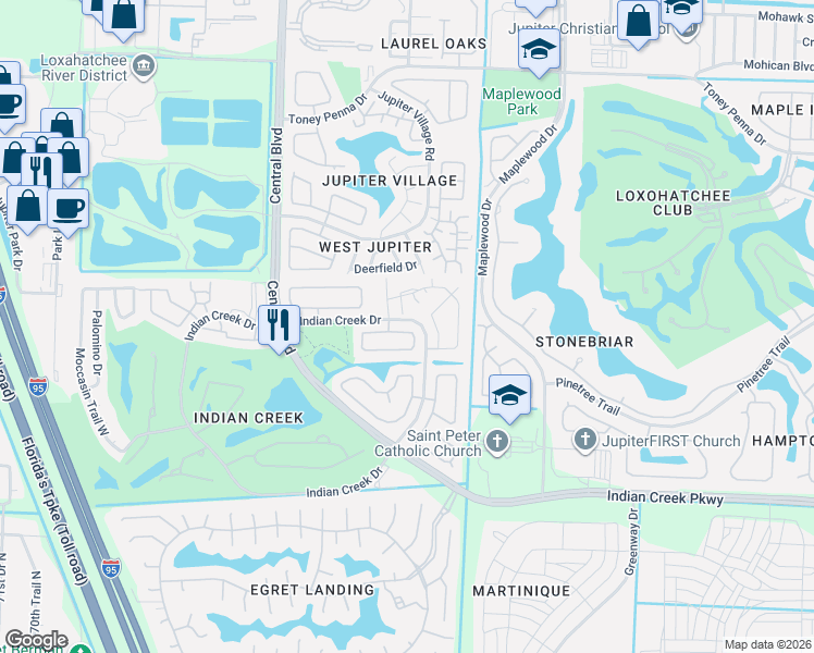 map of restaurants, bars, coffee shops, grocery stores, and more near 100 Stillwater Circle in Jupiter