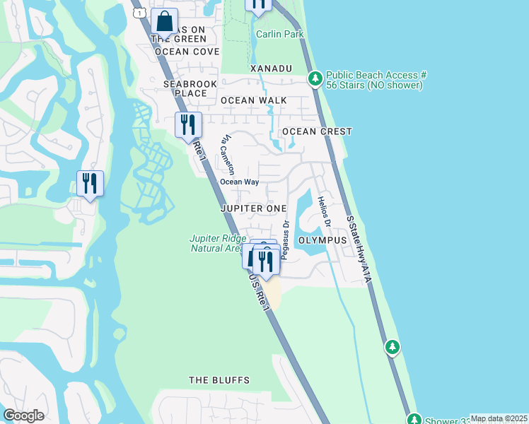 map of restaurants, bars, coffee shops, grocery stores, and more near 1420 Ocean Way in Jupiter