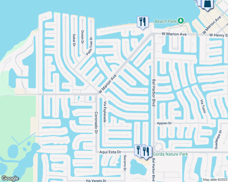 map of restaurants, bars, coffee shops, grocery stores, and more near 281 Capri Isles Court in Punta Gorda
