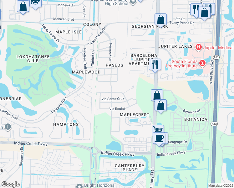 map of restaurants, bars, coffee shops, grocery stores, and more near 132 Via Isabela in Jupiter