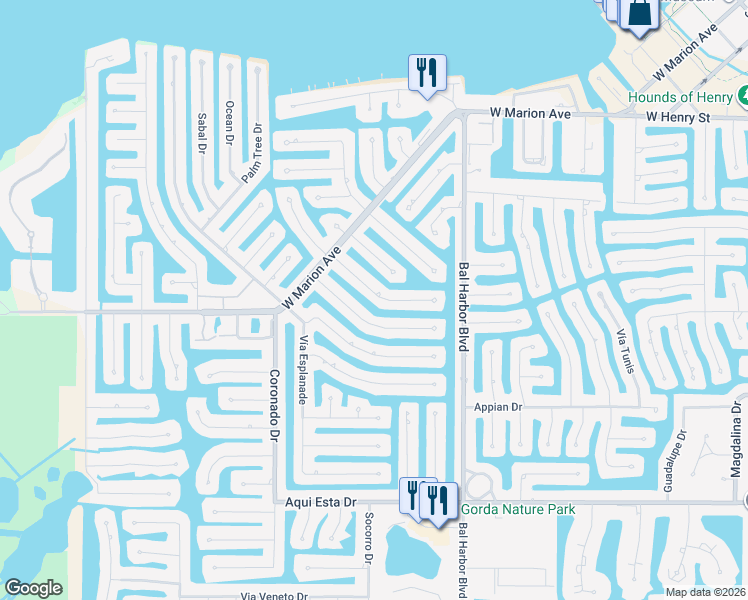 map of restaurants, bars, coffee shops, grocery stores, and more near 381 Sorrento Court in Punta Gorda