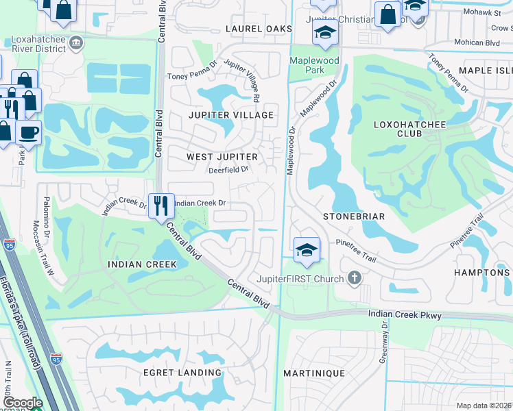 map of restaurants, bars, coffee shops, grocery stores, and more near 111 Doe Trail in Jupiter
