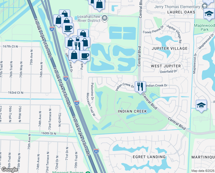 map of restaurants, bars, coffee shops, grocery stores, and more near 118 Moccasin Trail North in Jupiter