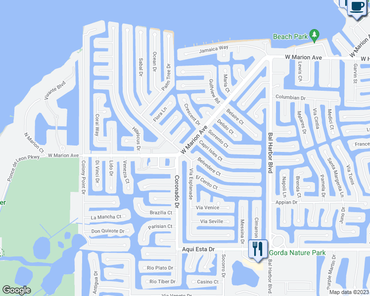 map of restaurants, bars, coffee shops, grocery stores, and more near 2480 West Marion Avenue in Punta Gorda