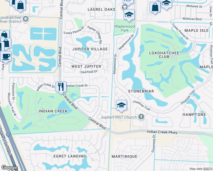 map of restaurants, bars, coffee shops, grocery stores, and more near 180 Bent Arrow Drive in Jupiter