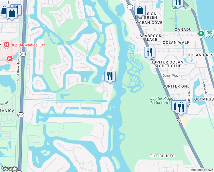 map of restaurants, bars, coffee shops, grocery stores, and more near 16400 Port Dickinson Drive in Jupiter