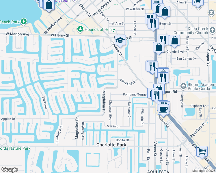 map of restaurants, bars, coffee shops, grocery stores, and more near 2325 Magdalina Drive in Punta Gorda
