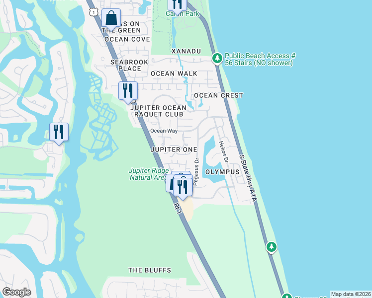 map of restaurants, bars, coffee shops, grocery stores, and more near 16 Ocean Way Drive in Jupiter