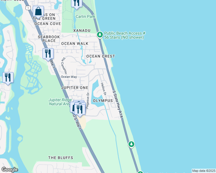 map of restaurants, bars, coffee shops, grocery stores, and more near 1833 Ocean Boulevard in Jupiter