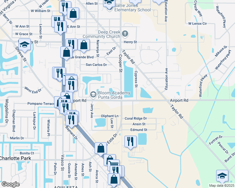 map of restaurants, bars, coffee shops, grocery stores, and more near 24500 Airport Road in Punta Gorda