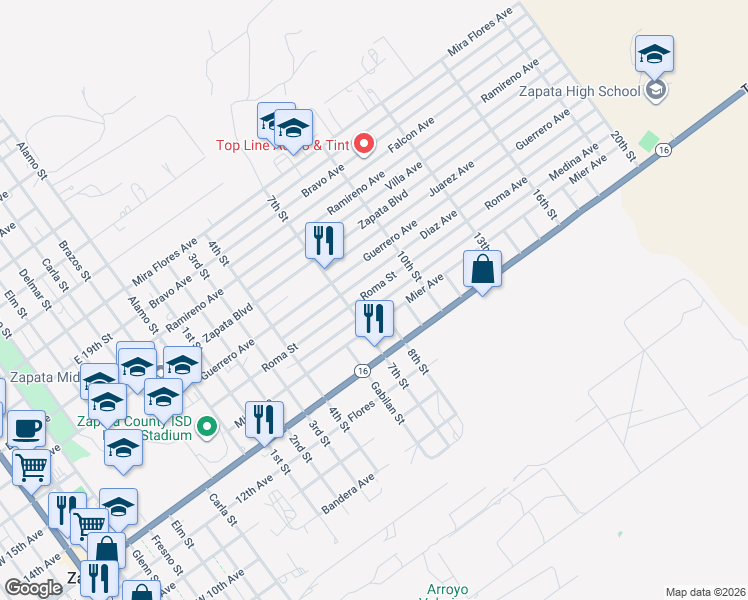 map of restaurants, bars, coffee shops, grocery stores, and more near 700-998 Medina Street in Zapata