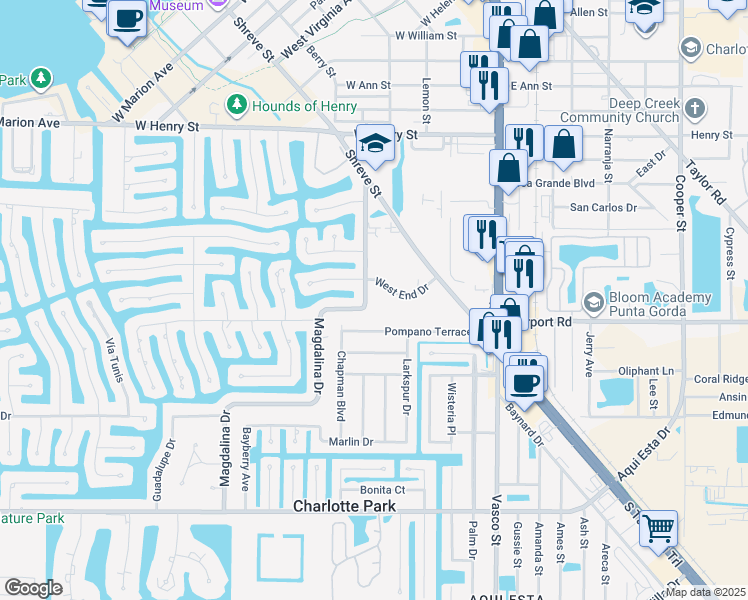 map of restaurants, bars, coffee shops, grocery stores, and more near 2301 Magdalina Drive in Punta Gorda