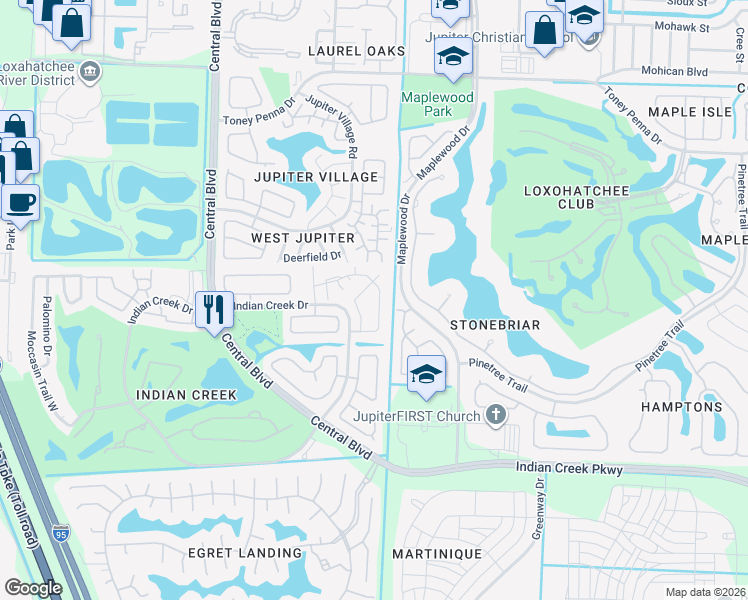 map of restaurants, bars, coffee shops, grocery stores, and more near 176 Bent Arrow Drive in Jupiter
