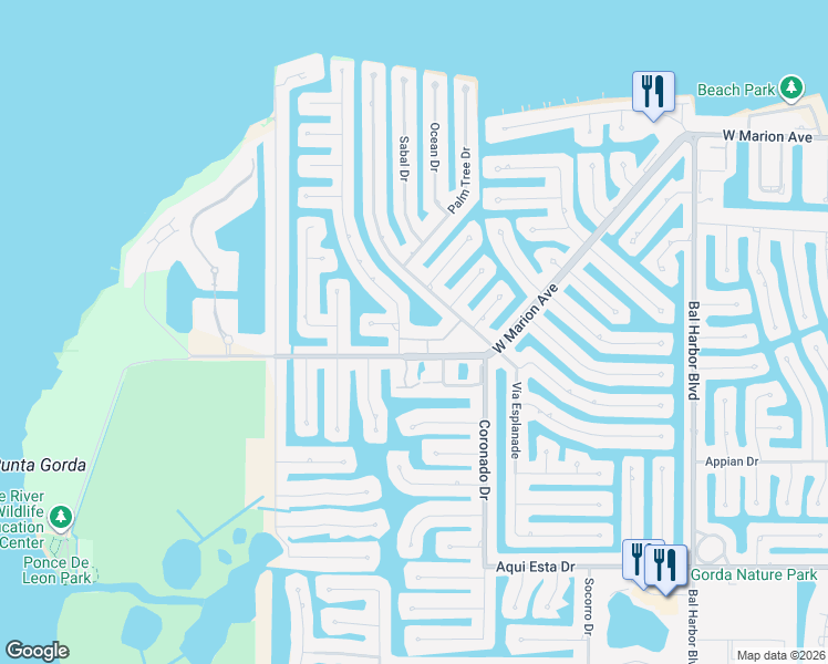 map of restaurants, bars, coffee shops, grocery stores, and more near 2630 Tarpon Cove Drive in Punta Gorda