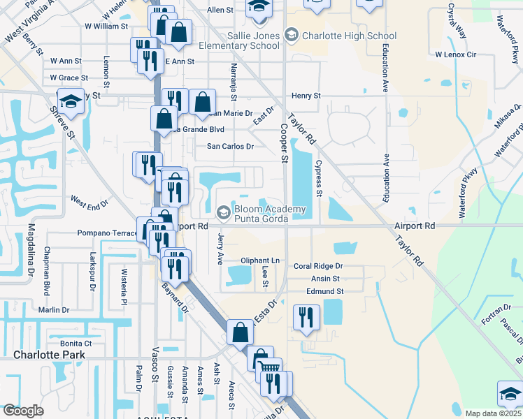 map of restaurants, bars, coffee shops, grocery stores, and more near 24420 Airport Road in Punta Gorda