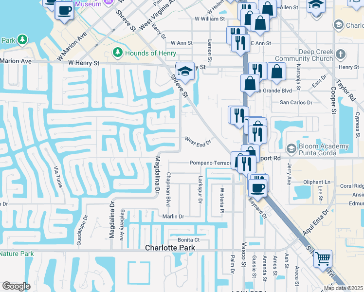 map of restaurants, bars, coffee shops, grocery stores, and more near 2301 Magdalina Drive in Punta Gorda