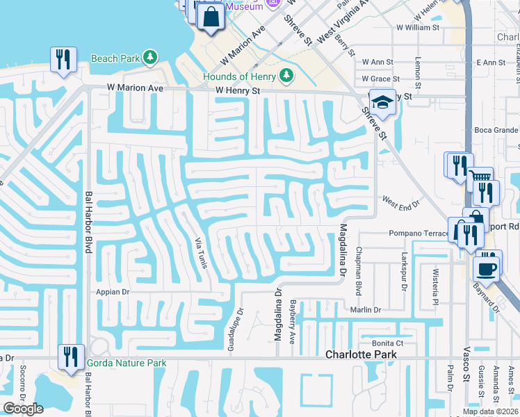 map of restaurants, bars, coffee shops, grocery stores, and more near 1200 Mineo Drive in Punta Gorda