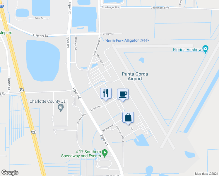 map of restaurants, bars, coffee shops, grocery stores, and more near 27180 Airport Road in Punta Gorda