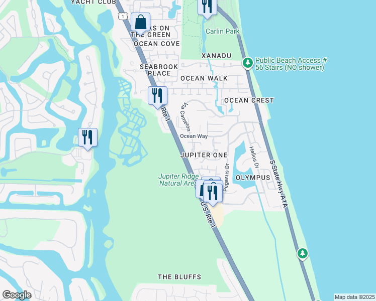 map of restaurants, bars, coffee shops, grocery stores, and more near 6c Ocean Way Drive in Jupiter