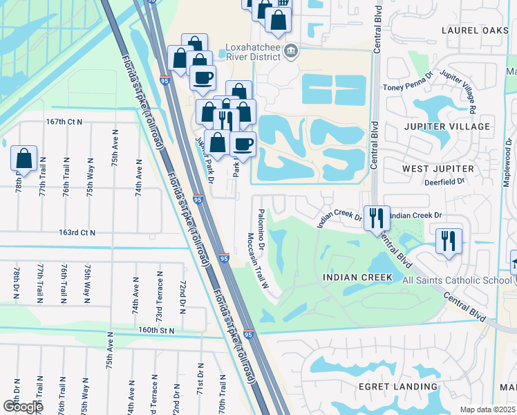 map of restaurants, bars, coffee shops, grocery stores, and more near 107 Palomino Drive in Jupiter