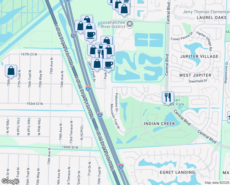 map of restaurants, bars, coffee shops, grocery stores, and more near 107 Palomino Drive in Jupiter