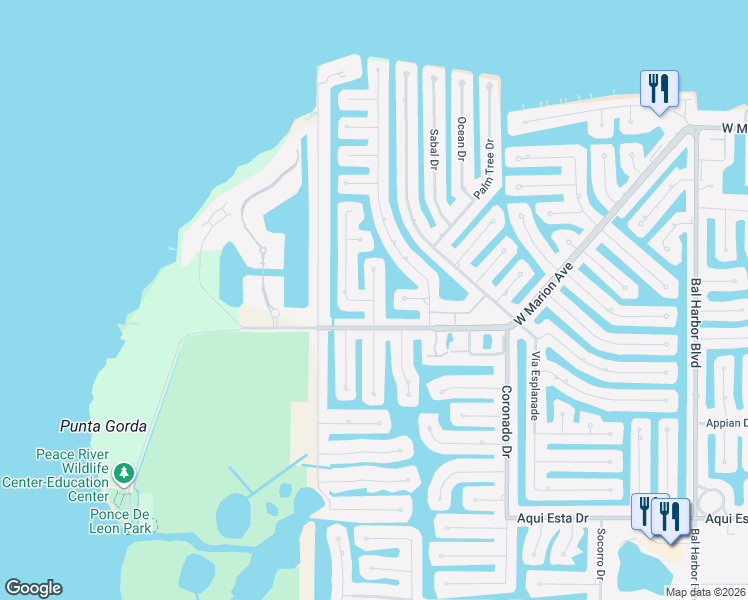 map of restaurants, bars, coffee shops, grocery stores, and more near 165 Bayshore Court in Punta Gorda