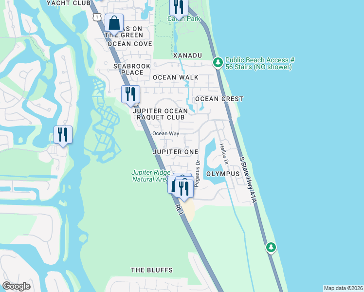 map of restaurants, bars, coffee shops, grocery stores, and more near 16 Ocean Way Drive in Jupiter