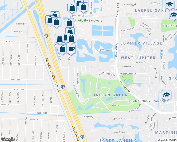 map of restaurants, bars, coffee shops, grocery stores, and more near 140 Moccasin Trail South in Jupiter