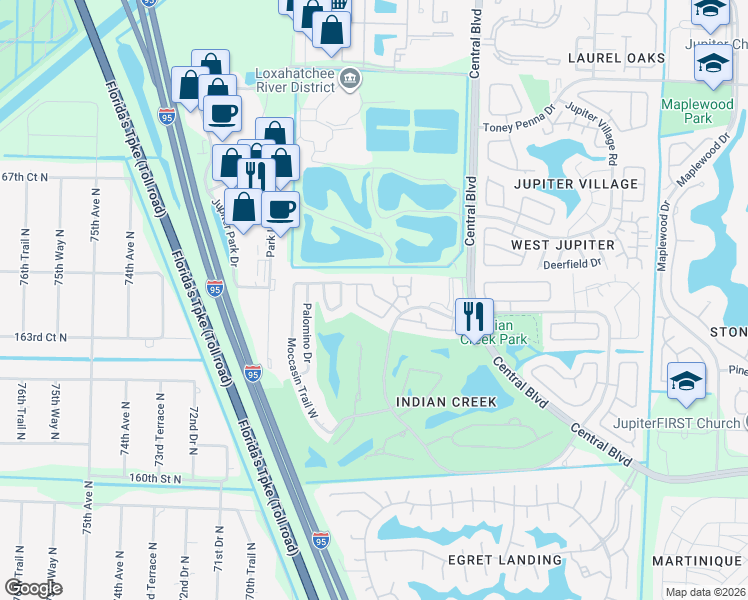 map of restaurants, bars, coffee shops, grocery stores, and more near 177 Moccasin Trail North in Jupiter