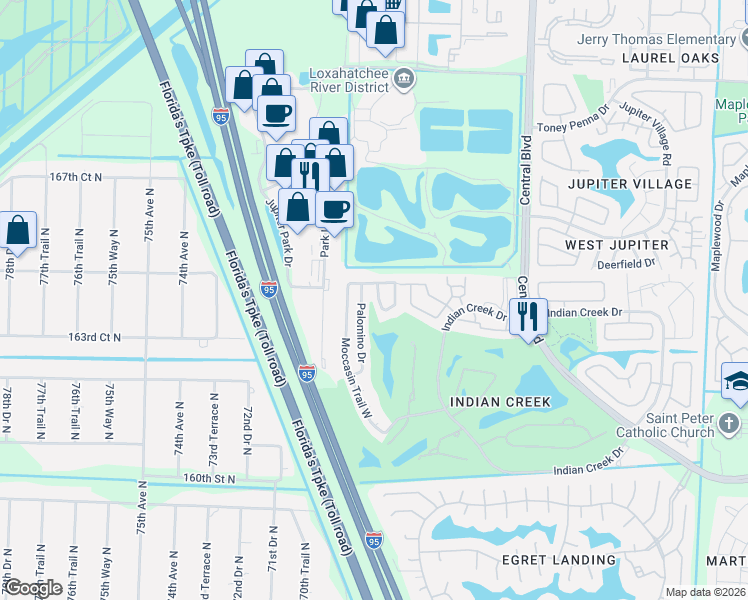map of restaurants, bars, coffee shops, grocery stores, and more near 218 Moccasin Trail North in Jupiter