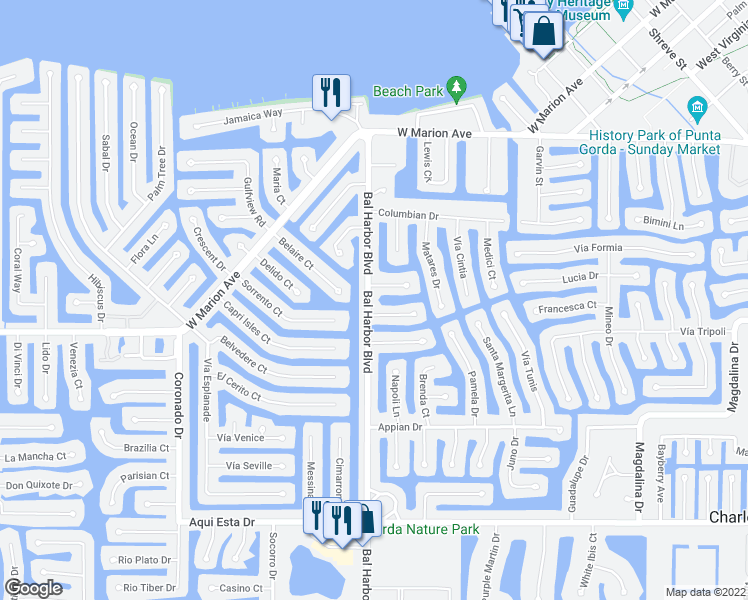 map of restaurants, bars, coffee shops, grocery stores, and more near 533 Bal Harbor Boulevard in Punta Gorda