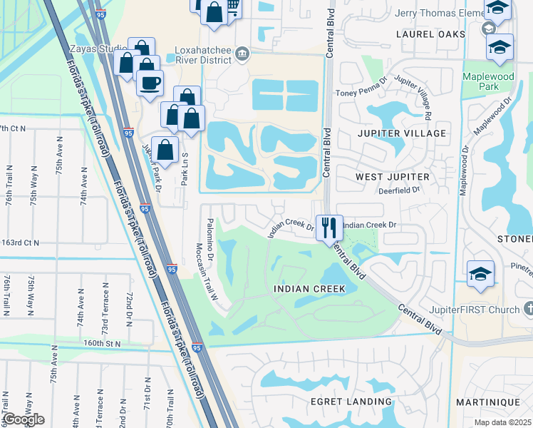 map of restaurants, bars, coffee shops, grocery stores, and more near 184 Moccasin Trail North in Jupiter
