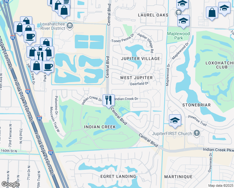 map of restaurants, bars, coffee shops, grocery stores, and more near 141 Arrowhead Circle in Jupiter