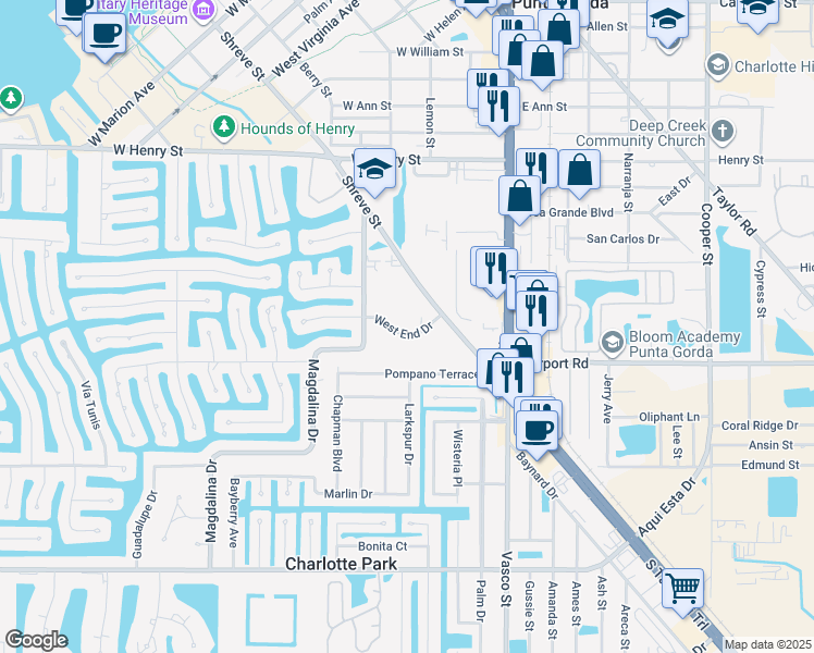 map of restaurants, bars, coffee shops, grocery stores, and more near 2295 Shreve Street in Punta Gorda