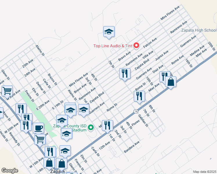 map of restaurants, bars, coffee shops, grocery stores, and more near Villa Ave in Zapata